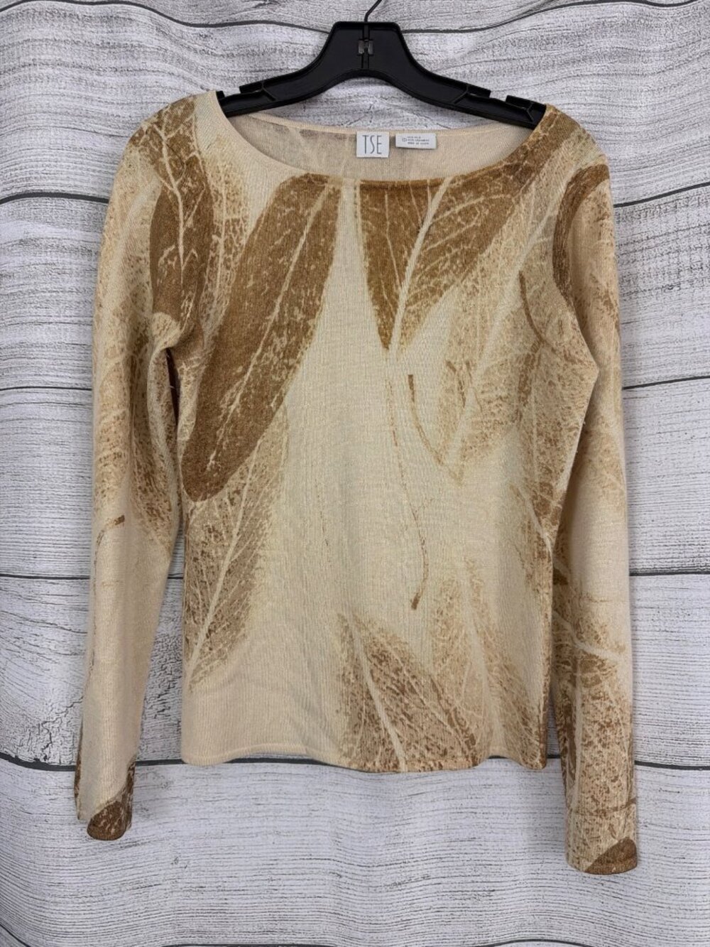 Tse Silk Cashmere Leaf Print Long Sleeve Sweater Size L